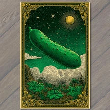 Art Print Celestial Pickle Green Gold Ornate Funny Surreal Cosmic Stars Sky Art