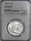 1963-D 50C FRANKLIN SILVER HALF DOLLAR FULL BELL LINES NGC MS64 FBL #6775560-096