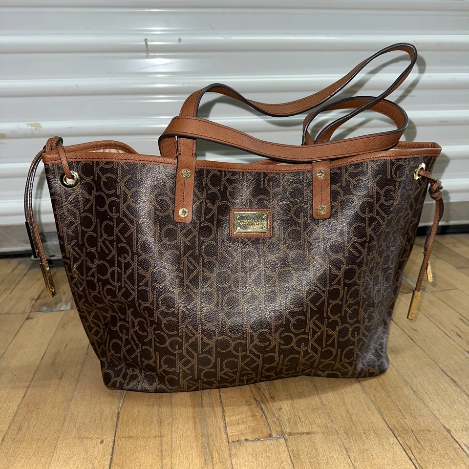 Calvin Klein Tote Bag Women's Brown Beige Embossed Monogram Dual Top Handle - Image 2 of 4