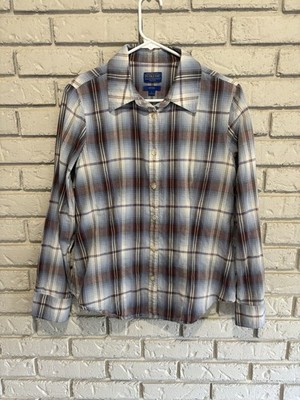 Pendleton Women's Long-Sleeve Ombre Plaid Blouse Size Large Blue Cream Burgundy