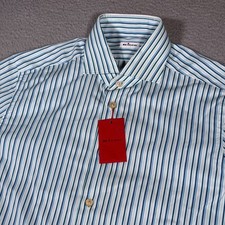 Kiton Shirt Mens 16 41 White Blue Striped Button Up Cotton Dress Italy Casual