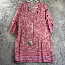 LT Tunic Dress Women L Pink Paisley Tassel Tie Boho Rayon Mini (xxxx)