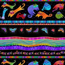 FANTASTICATS Stripe Black Gold Metallic Quilt Fabric Laurel Burch by 1/2 Yard