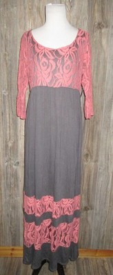 Filly Flair New Maxi Dress Size XL Gray Pink Lace Detail Modest Comfy Boho Cute