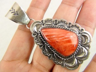 Navajo Harold Joe 19g Big 2 5/8" Stamped Sterling Spiny Oyster Pendant Native