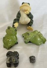Frog Figurine Lot 5 Pieces Resin & Carvings Mixed Styles & Sizes