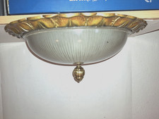 Deckenlampe,  Plafoniere, mit Glasschirm matt gerippt, Ring aus Messingguss