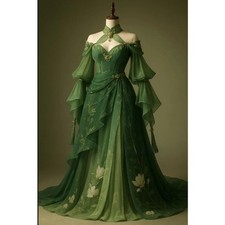 Green Vintage Victorian Evening Gown Chiffon Floral Ball Gown Corset Sweetheart