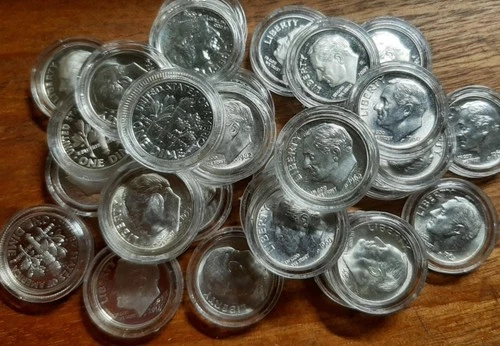 30 silver dimes mixed dates...mixed proofs and uncirculated dimes in capsules