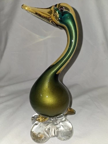 VINTAGE GREEN/GOLD VENETIAN GLASS DUCK FIGURINE MADE IN MURANO ITALY