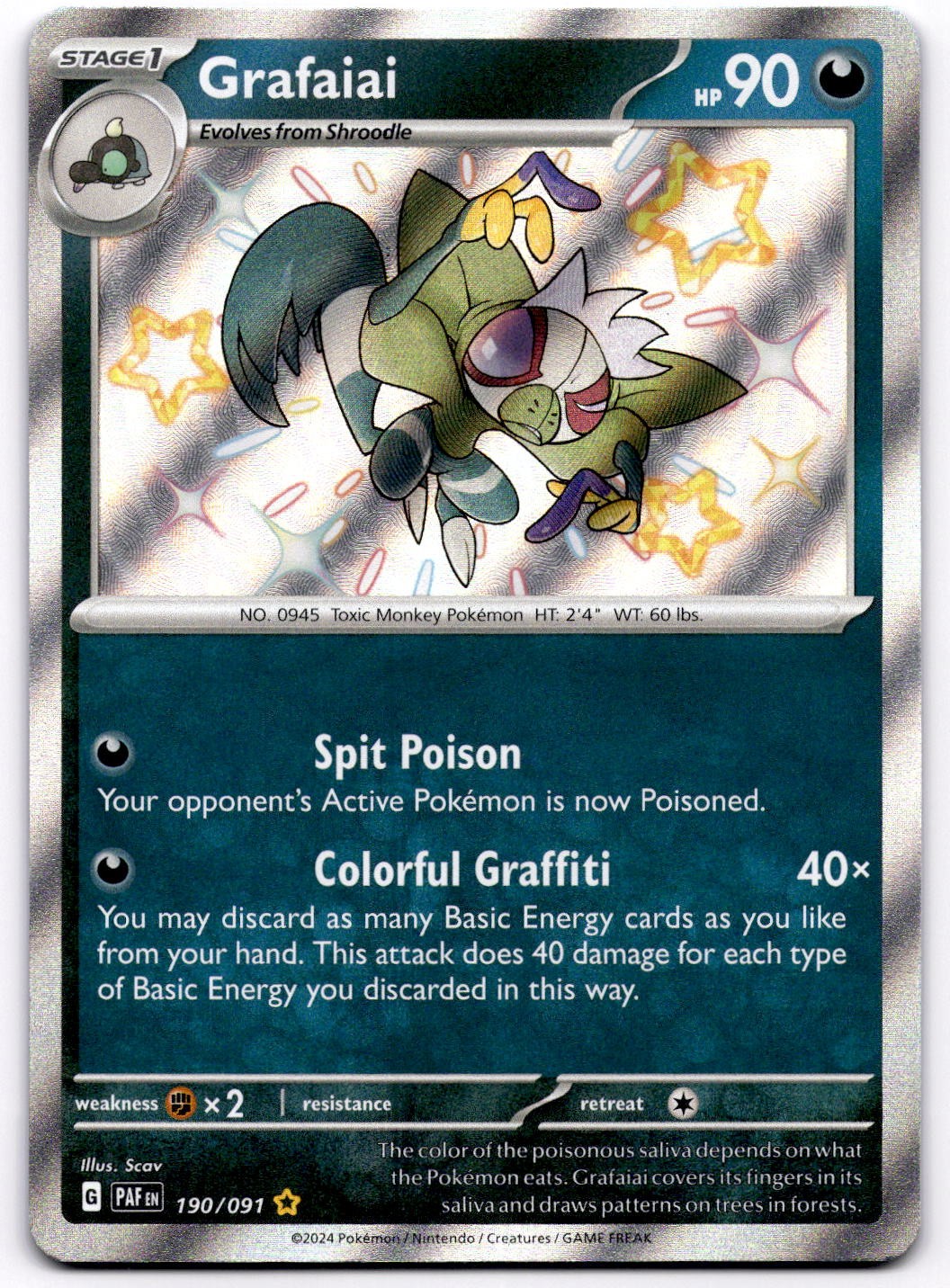 Grafaiai 190/091 SV Paldean Fates Shiny Rare Pokemon Card - NM
