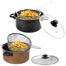 3 in 1 Chip Pan Non Stick with Lid Wire Basket 24cm Chips Fryer Deep Frying Pot