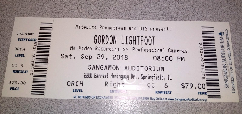Gordon Lightfoot Unused Concert Ticket  Rare 9/29/18