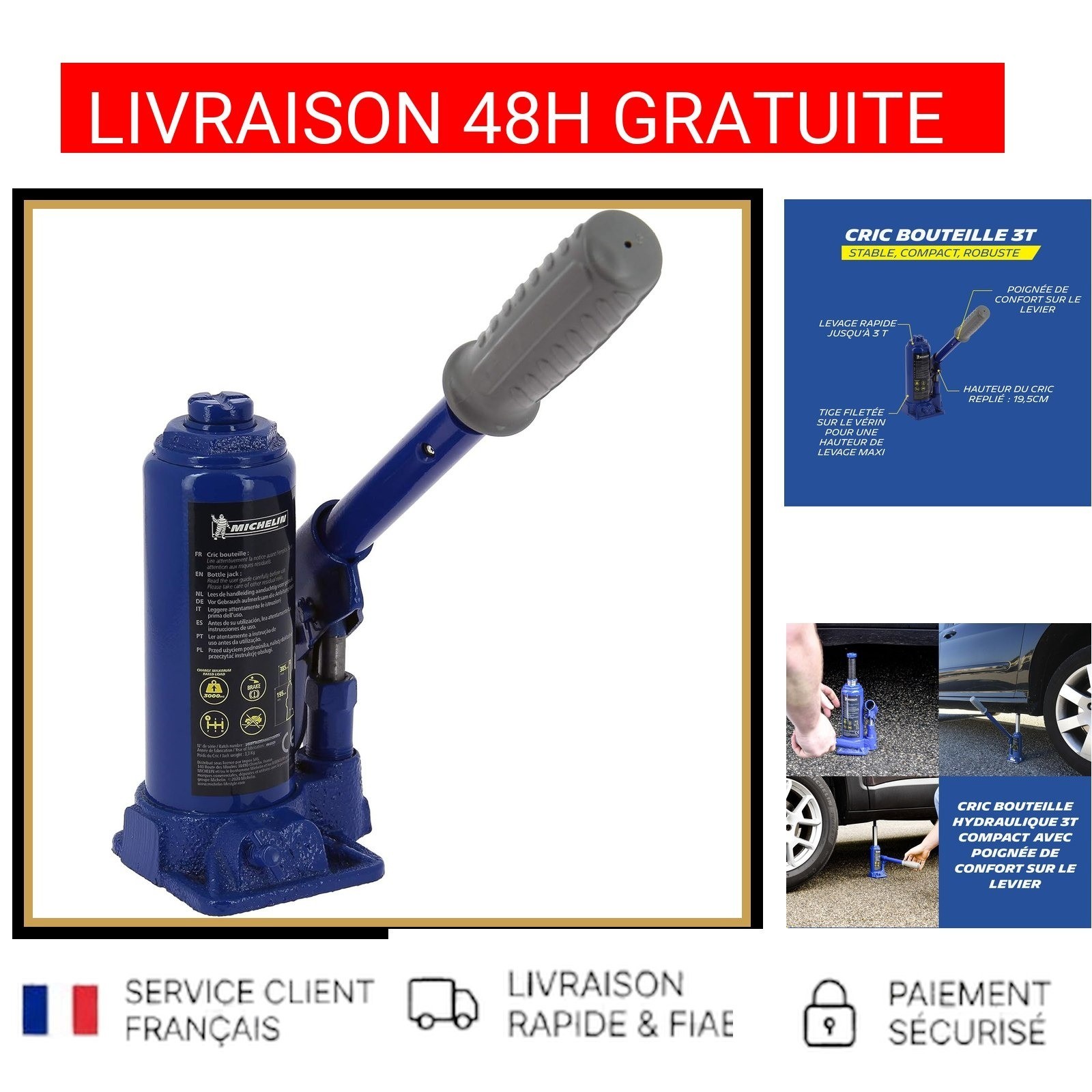 Cric hydraulique Michelin 3 tonnes levage 195-385mm pour voiture et 4x4