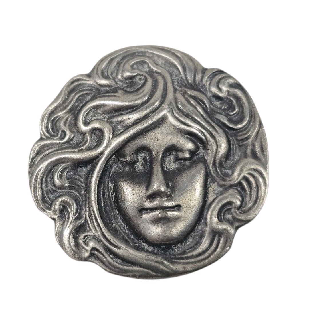 VTG Battersea Pewter 1976 Button Beautiful Art Nouveau Style Woman