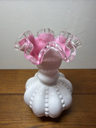Fenton Rose Crest Milk Glass Vase Pink Cased Ruffled Melon Beaded 7”🔥