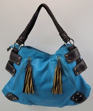 BG Woman Faux Pebble Blue Leather Slouchy Satchel Tassel Studded Hand Bag