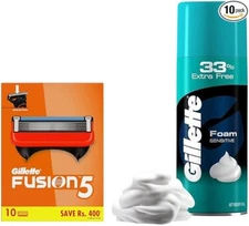 Gillette Fusion Blades x10 + Classic Sensitive Shave Foam 418g | Combo Pack