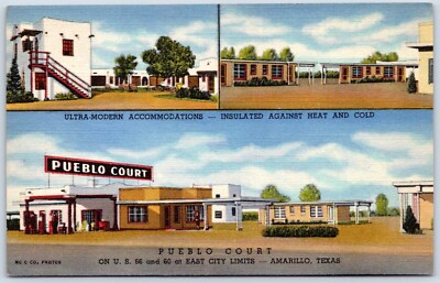 Postcard TX Amarillo Texas Pueblo Court Motel Gas Station Pumps Route 66 P12E