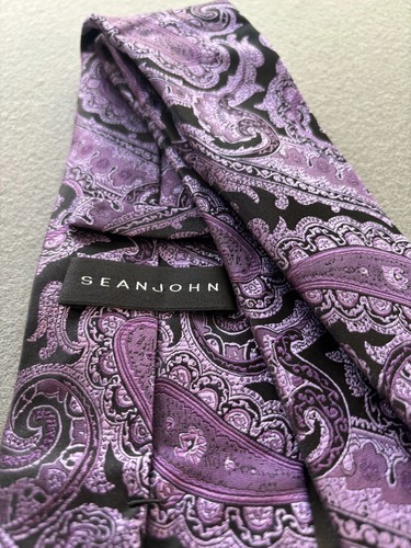 Men's Sean John Purple Black Paisley Design Silk Neck Tie - Picture 7 of 8