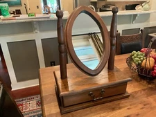 VTG Solid Wood Tabletop Shaving Vanity Tilt Swivel Marquis Shape Mirror w Drawer