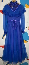 Vintage 70s Helen Joy Dress Victorian Indigo High Neck Lace Prairie Fairy Goth