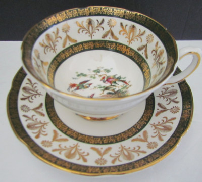 ROYAL GRAFTON Fine Bone China Footed Tea Cup/Saucer, England - Green/Gold,Birds