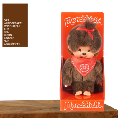 Sekiguchi Monchhichi Mädchen mit rotem Lätzchen & Zopf Plüsch Plüschtier 20cm 