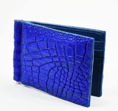 Nuovo portafoglio da uomo blu con fermasoldi in vera pelle di - Main Image