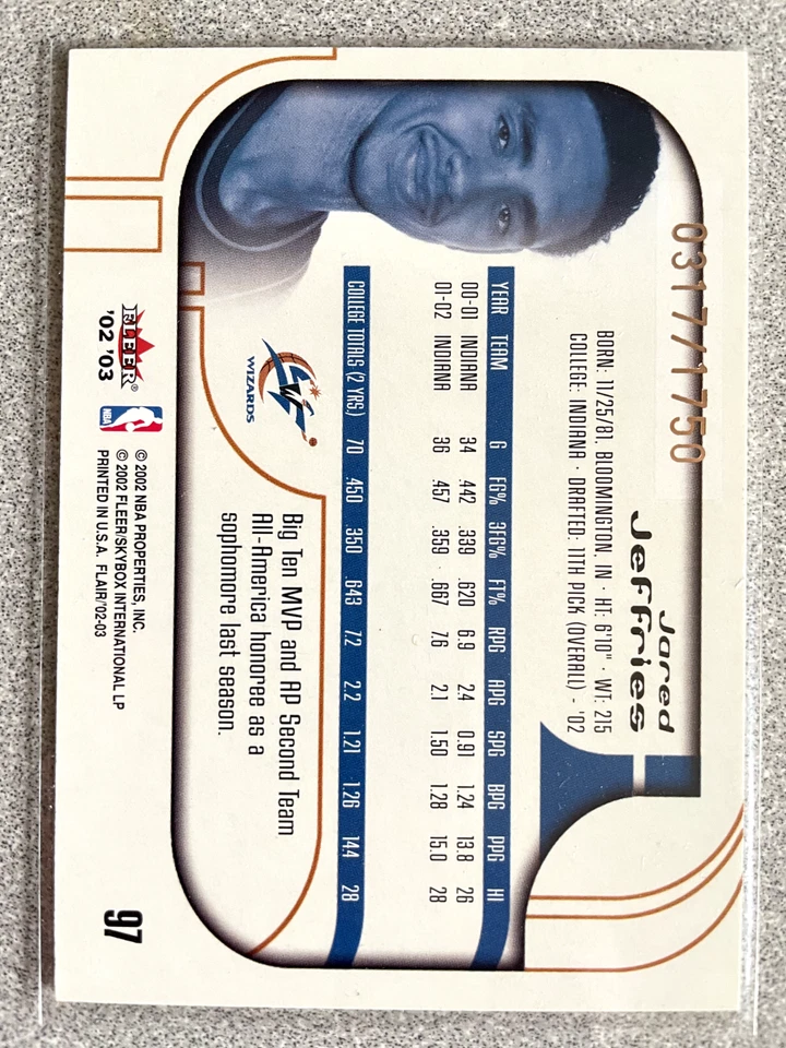 2002-03 Flair Class of '02 Jared Jeffries Rookie Card /1750 #97 Wizards - Image 2 of 2