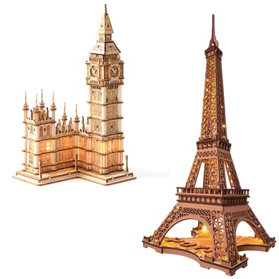 ROBOTIME 3D Wooden Puzzle DIY Model Building Kit Big Ben TG507 & Eiffel Tower...