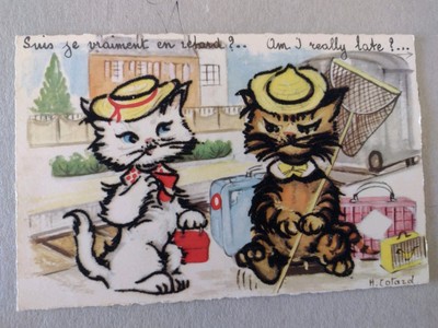Comic Katze Postkarte, Künstler gezeichnet, Bin ich wirklich spät, Angeln Thema