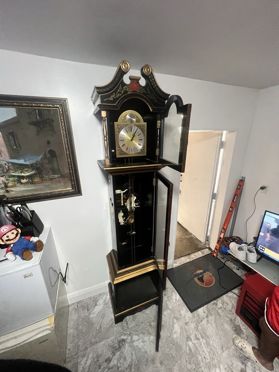 RARE ASIAN TEMPUS FUGIT GRANDFATHER CLOCK CHINOISERIE BLACK