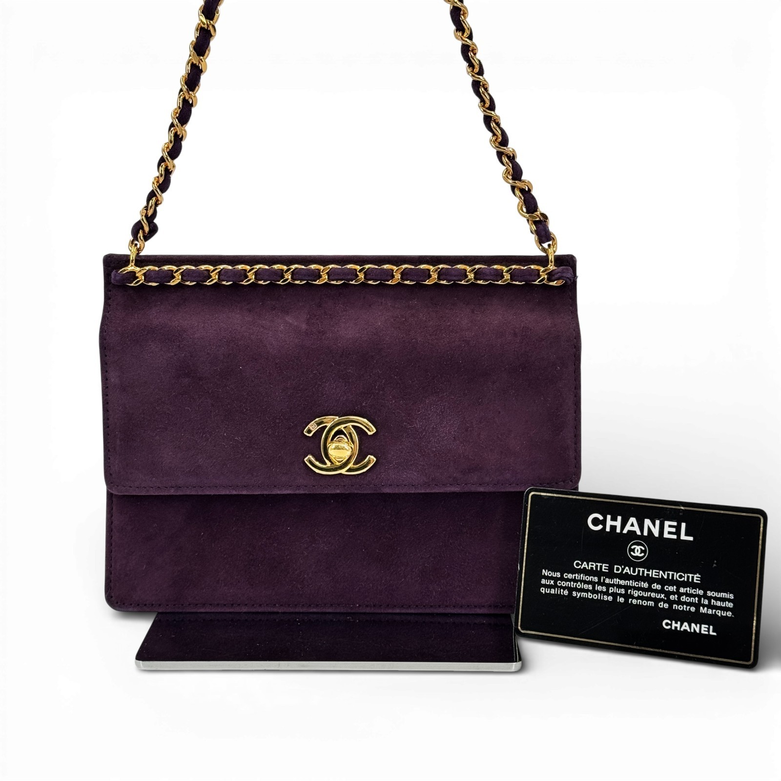 Auth CHANEL Coco Suede Purple Mini Chain Shoulder Bag JQ921