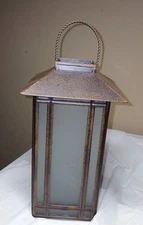  13" Brown Over Copper Lantern with Frosted Glass Panels  (Candle Not Included)