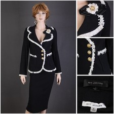 St. John TEXTURED KNIT 2 PC Suit, JACKET SKIRT, BLACK,FRINGE ,SIZE 4 6, CHIC