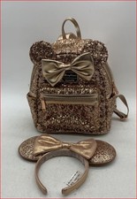 Loungefly Disney Parks Rose Gold Sequin Mini Backpack with Matching Minnie Ears