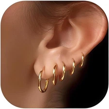 5 Pairs of 14K Gold Plated Huggie Hoop Earrings - Lightweight Minimalist Hypoall