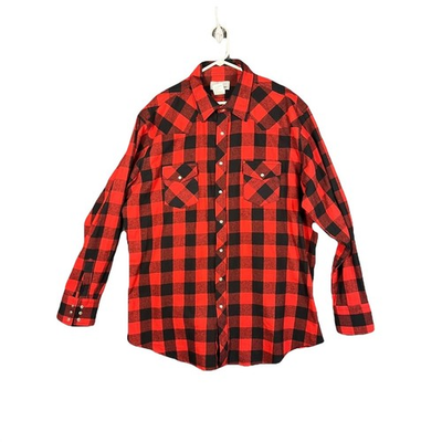 #ad Wrangler Wrancher Flannel Shirt Red Black Plaid Western Snap Pearl Snap 2XLT $33.24