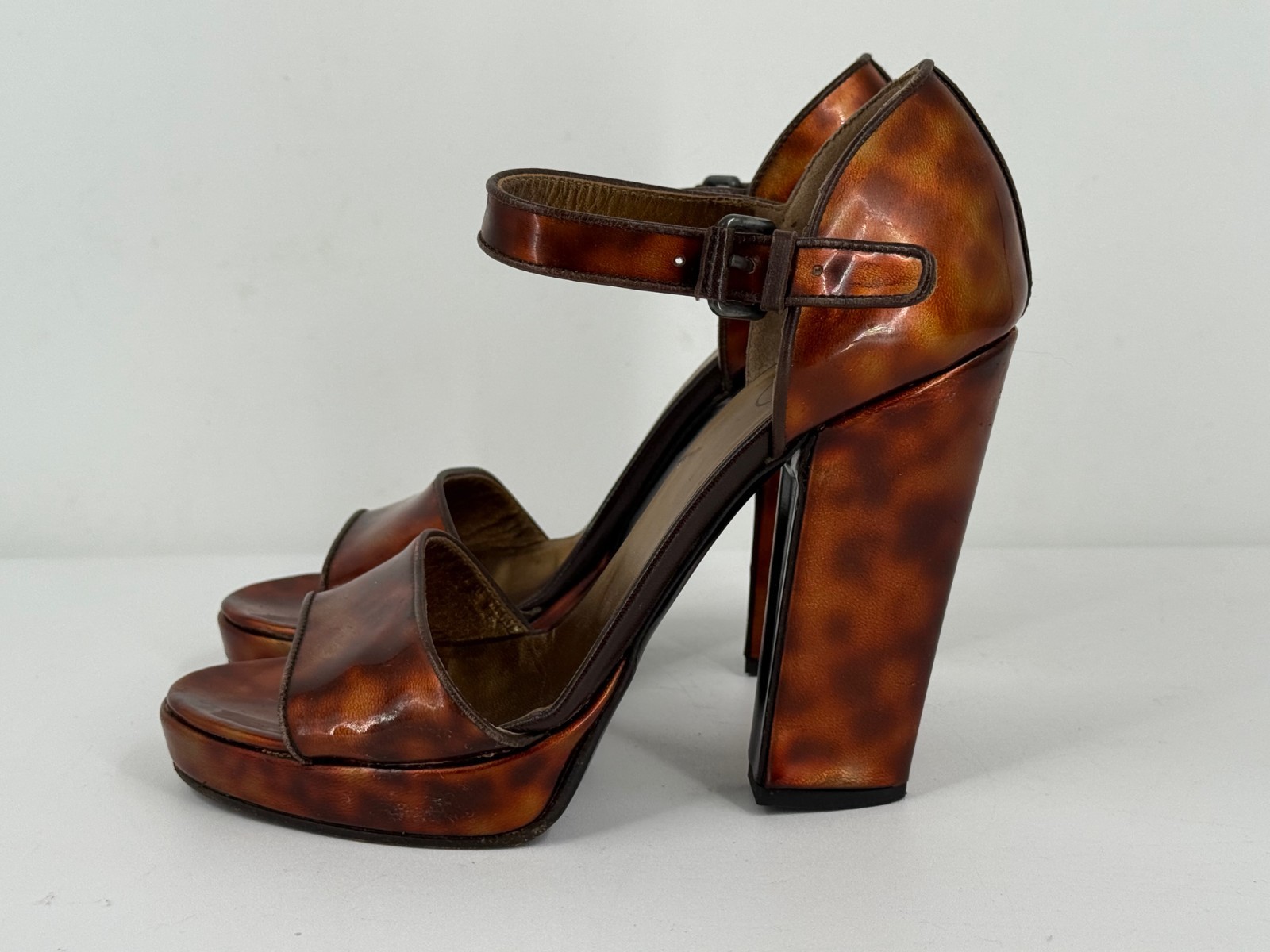 Prada Brown Tortoise Shell Leather Block Heel San… - image 10