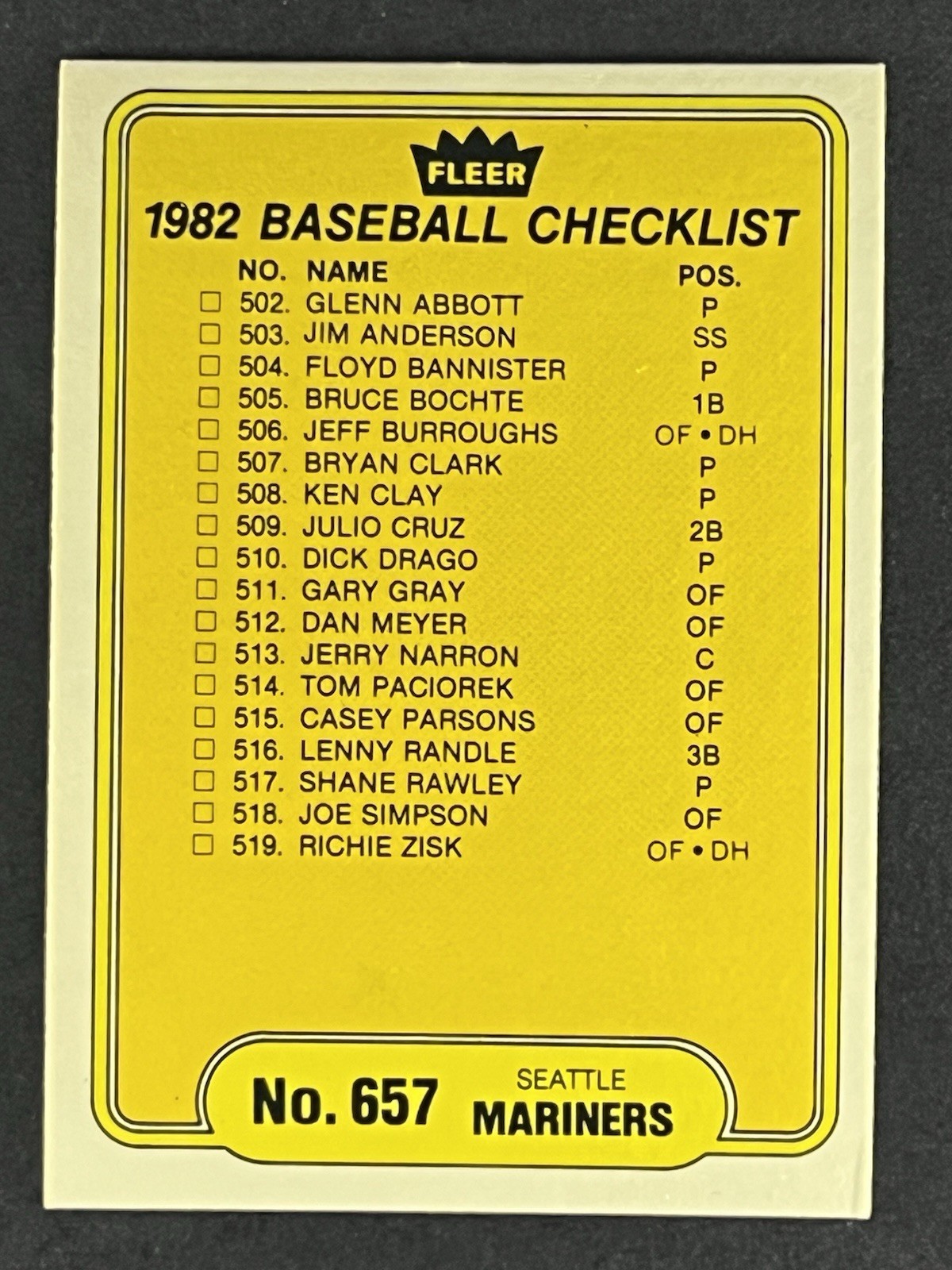 1982 Fleer  #657 - Checklist: Seattle Mariners / New York Mets Checklist 502-544