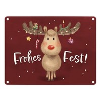 Rentier Mit Weihnachtsschmuck Metallschild In 15X20 Cm Mit Spruch Frohes Fest