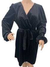 Nine West Faux Wrap Dress Black Velour w/ Tiny Silver Beads & Tie Belt - Size XL