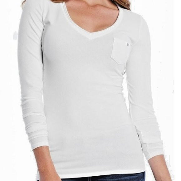 NWT Guess Solarte Slim Fit Vneck Long Sleeve Shirt Logo Patch Pocket White READ