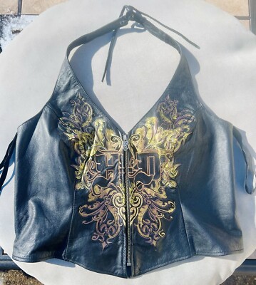 harley davidson leather dressing Vintage Women's Baroque Crop Top Vest/Halter/Large Merlot