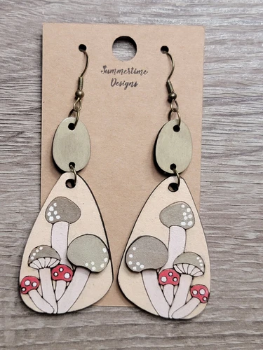 Hand Painted Laser Cut Wood Earrings Mushroom Dangle 2.5"