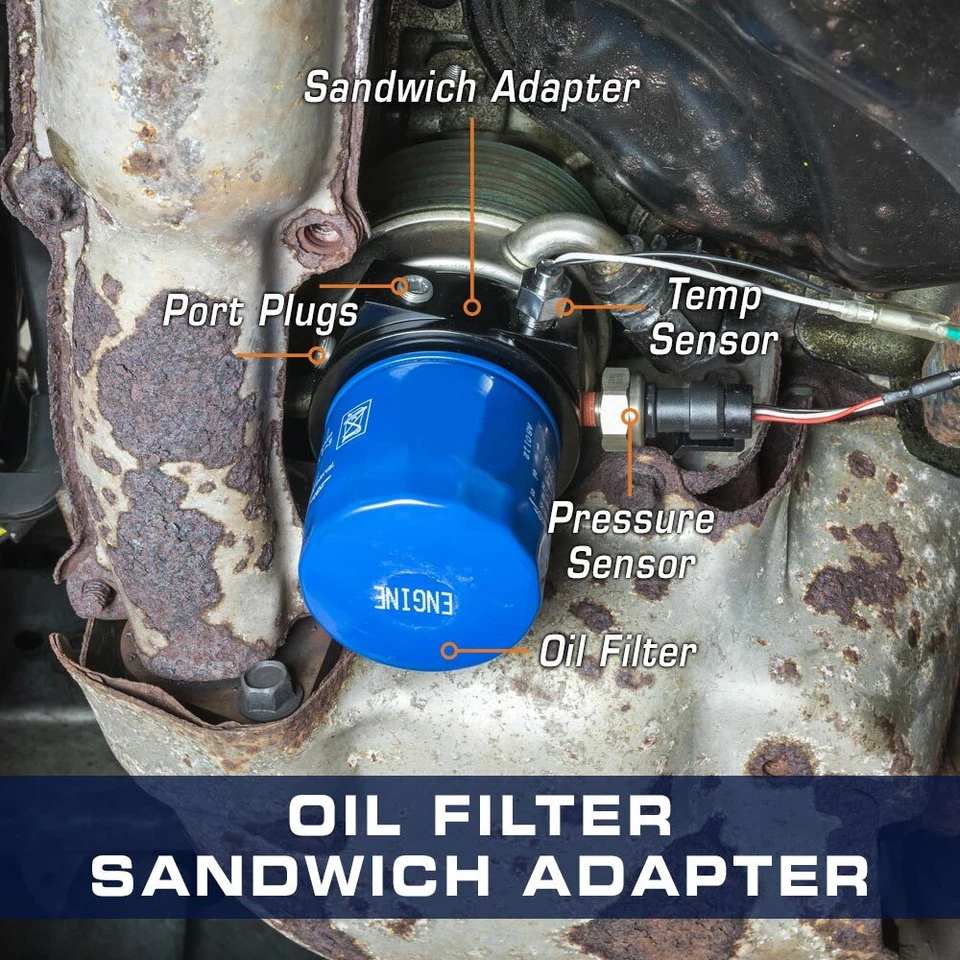 Adaptador sándwich filtro aceite GlowShift - rosca 1"-16 para Ford Power Stroke 6,7 L Foto 3 de 4