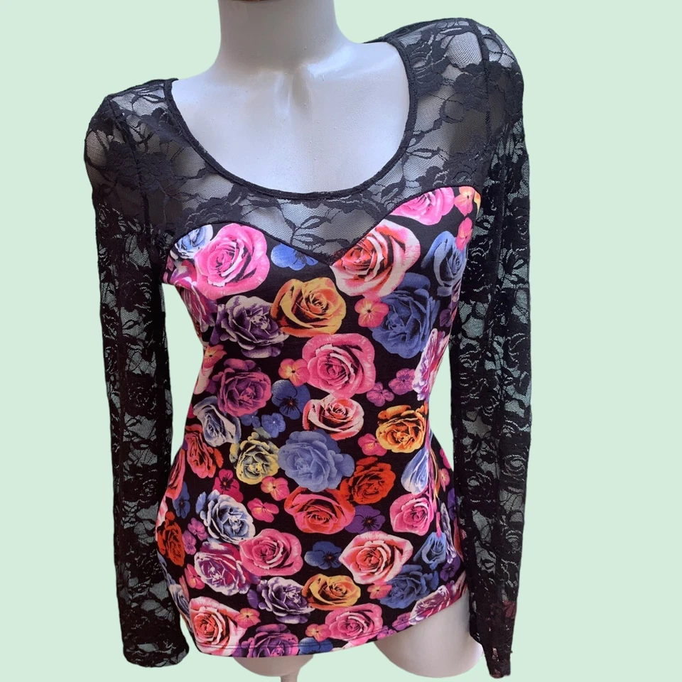 Sexy Club Casi Famoso Negro Encaje Rosas Colorido Talla XL Cuello Corazón Foto 3 de 4