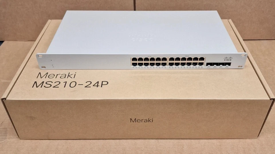 NEU Cisco Meraki MS210-24P-HW 24x 1GE POE+ 4x 1G SFP 1U Cloud Switch UNBEANSPRUCHT