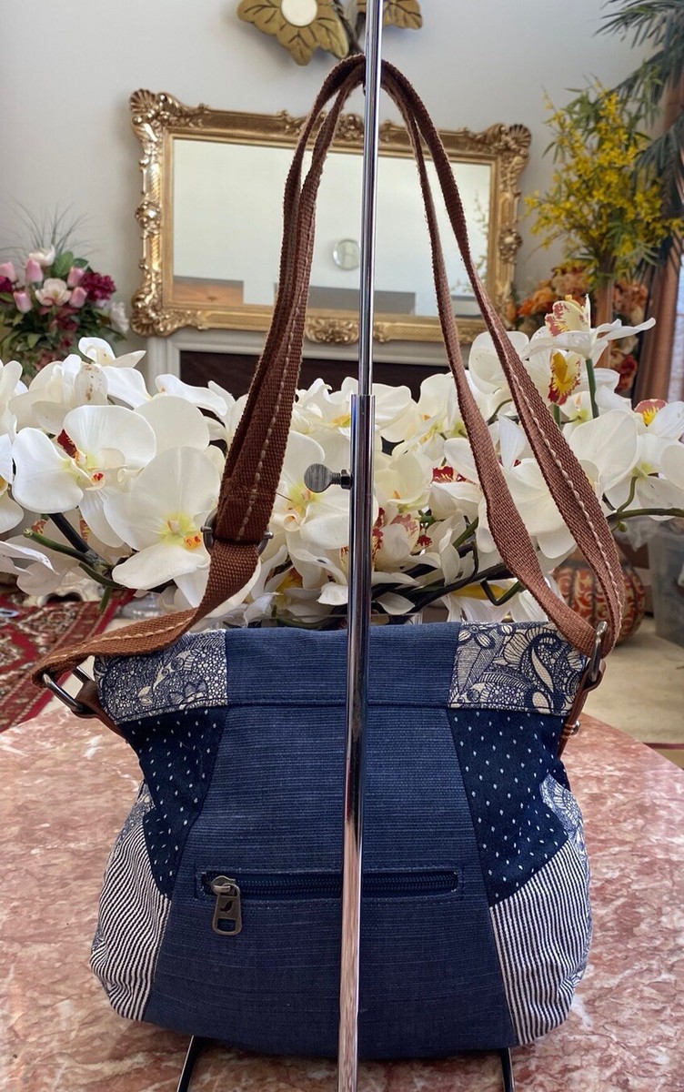 New SAKROOTS Blue Floral Canvas Brown Leather Fold-over